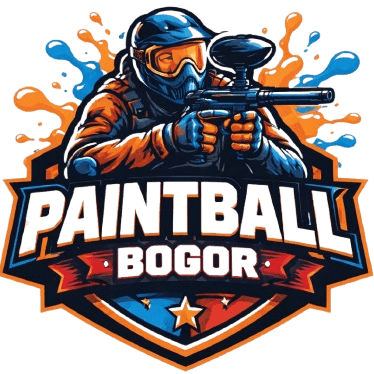 Logo resmi Paintball Bogor menampilkan ilustrasi pemain taktis dengan senapan paintball, kombinasi warna biru dan oranye yang dinamis untuk identitas provider outbound terpercaya.