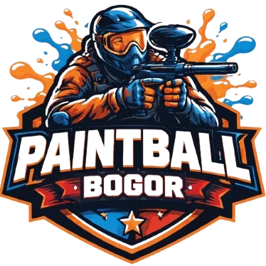 Logo resmi Paintball Bogor menampilkan ilustrasi pemain taktis dengan senapan paintball, kombinasi warna biru dan oranye yang dinamis untuk identitas provider outbound terpercaya.